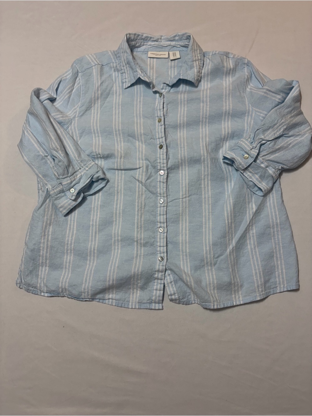 Christian Siriano Womens 1X Light Blue White Striped Linen Blend 3/4 Sleeve Top